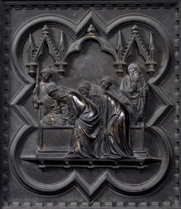 Keresztelő Szent János temetése, a San Giovanni Keresztelőkápolna déli ajtajának huszadik táblája, 1336 (bronz)
